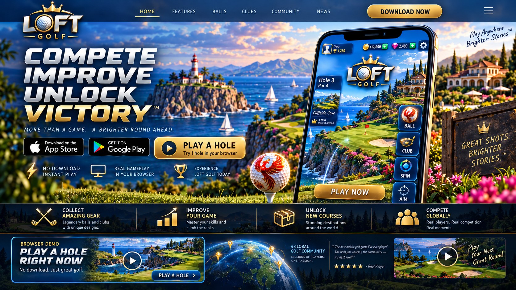 Loft Golf: Compete, improve, unlock, victory. A golf hole on a sea cliff shown on a phone.